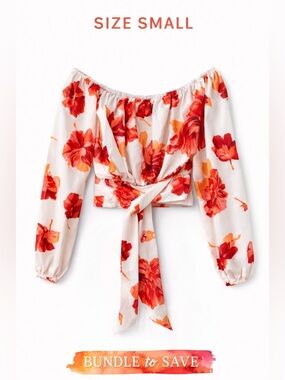 SHEIN Floral Off Shoulder Crop Top Tie Front Blouse Size Small ❤️🧡🌸